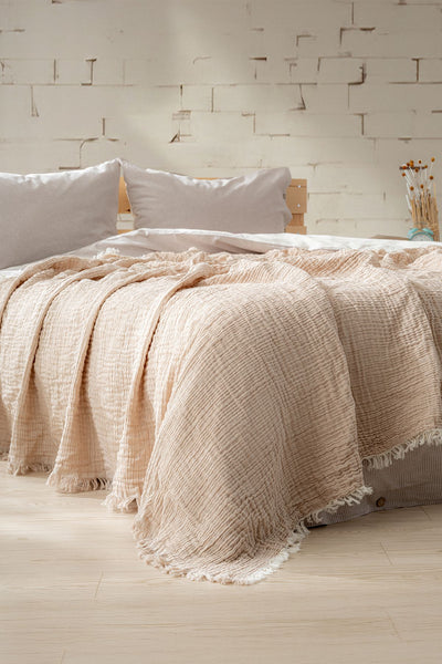 Berolige Easy Müslin İplik Boya Çift Kişilik Yatak Örtüsü Bej